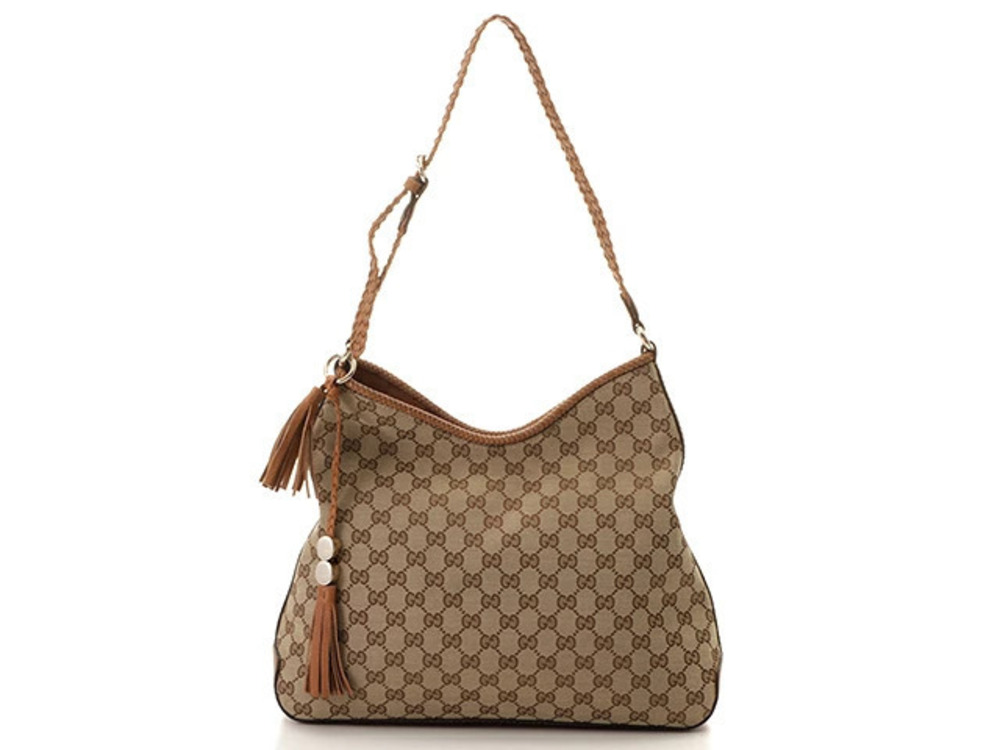 Gucci shoulder bag Hobo GG canvas Marrakech tassel Beige Cream Camel Brown